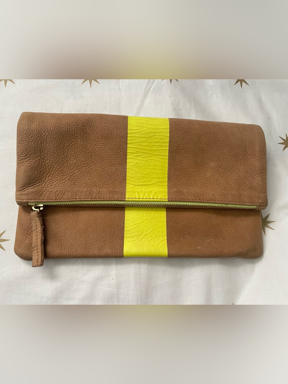 Claire V. Foldover Clutch in Tan with Neon Yellow Stripe